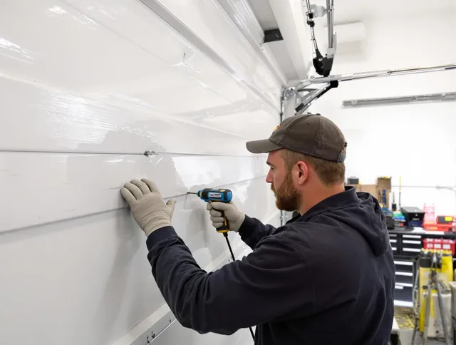 North Reading Garage Door Repair technician demonstrating precision dent removal techniques on a North Reading garage door