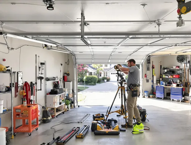 North Reading Garage Door Repair specialist performing laser-guided track alignment in North Reading